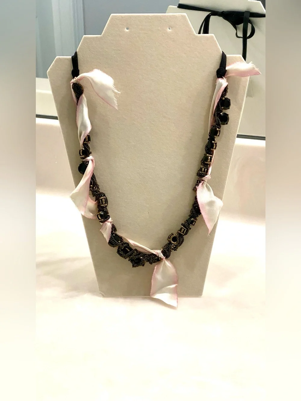J. Crew Black Bead Necklace with Pink Ribbon Accents